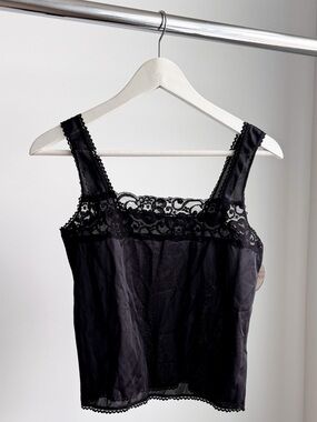 Vtg Love Lines Black Lace Trim Camisole NWT Antron Nylon Small Made in Canada